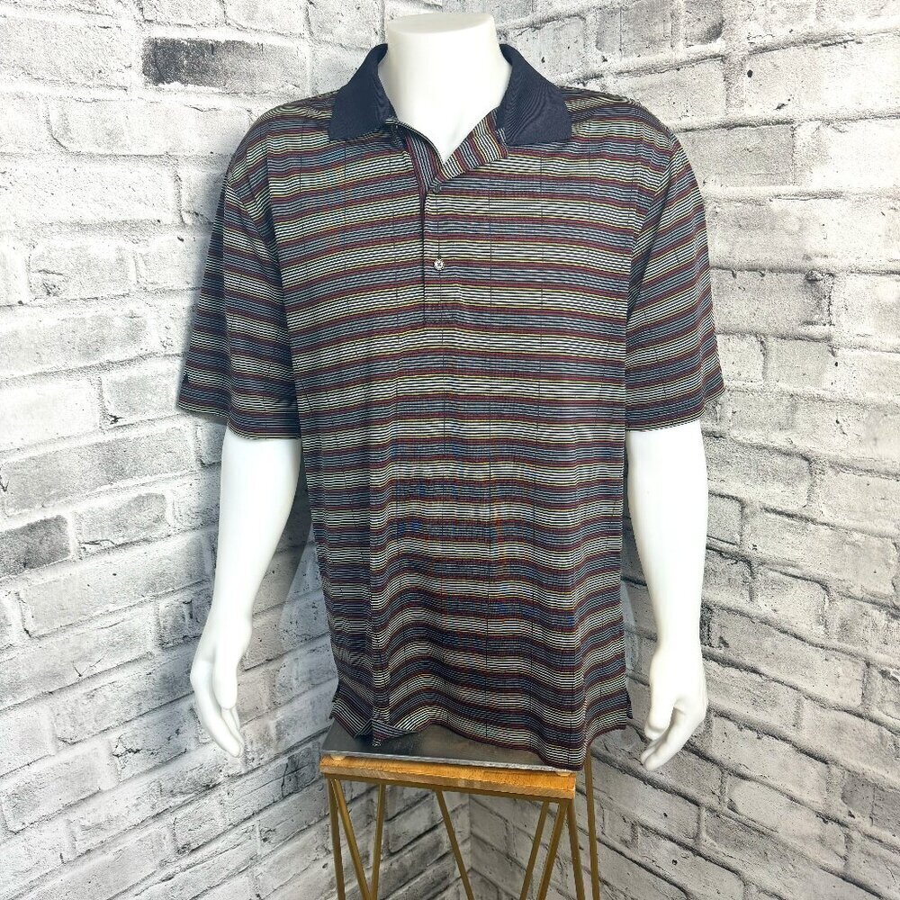 Greg Norman Golf Polo Shirt Mens XL Black Red Yellow Striped Play Dry Outdoors